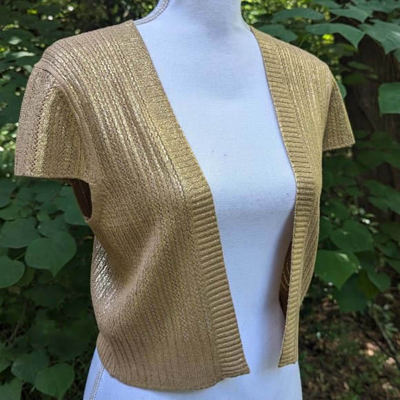 BCBGMaxAzria Cropped Cardigan Sweater Open Front in Metallic Gold Size Medium - Picture 2 of 6